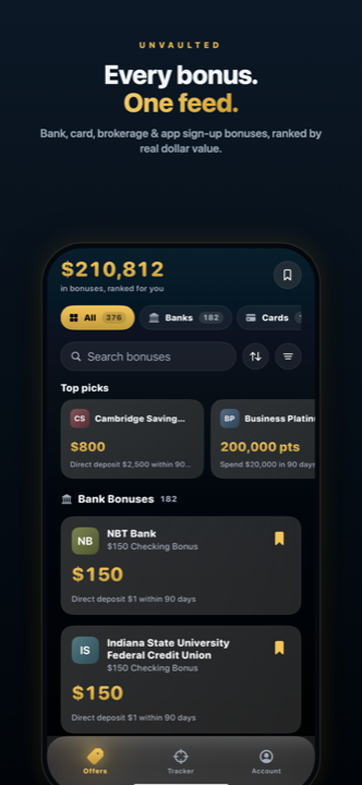 Unvaulted app showing a ranked feed of bank and credit card bonuses